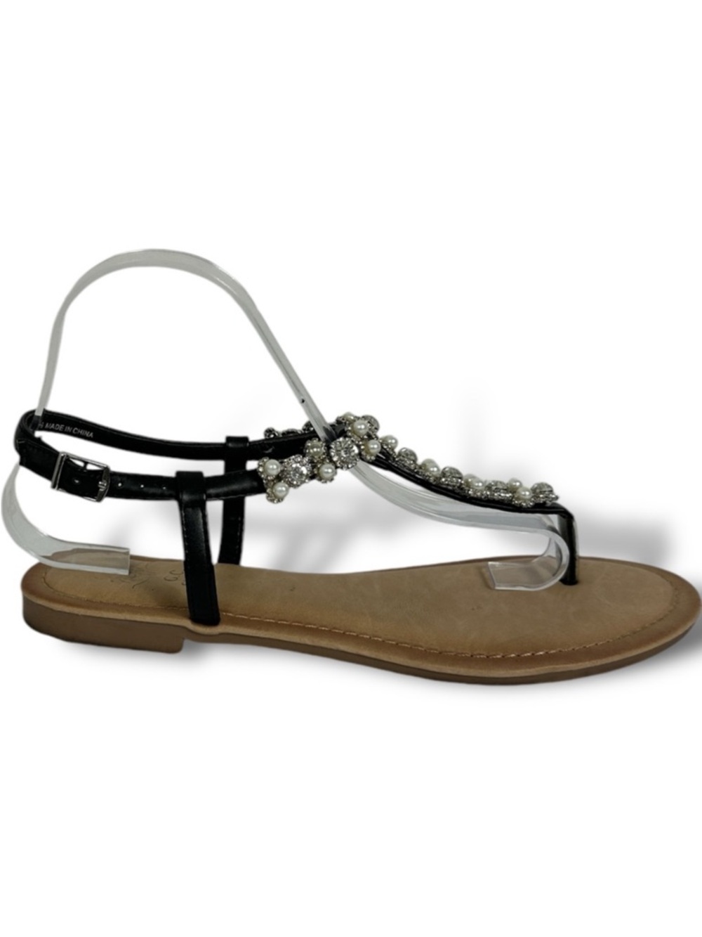 GC Shoes Layla‎ Black Leather Thong Ankle Strap Sandals Womens Size 9.5 Jewelled